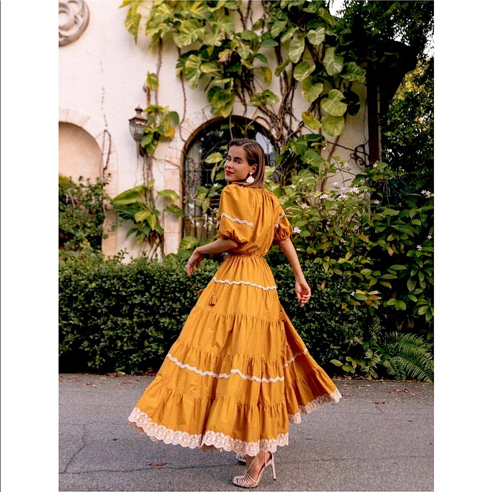 Ulla Johnson Claribel Ochre Yellow Gold Tiered Eyelet Accent Tassel Dress